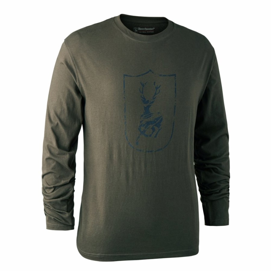 Men Deerhunter | Logo T-Shirt With Long Sleeves Bark Green